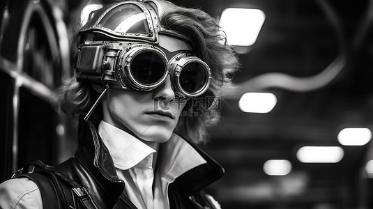 虚拟现实蒸汽朋克角色扮演男子戴着单色扭曲的赛博朋克眼镜