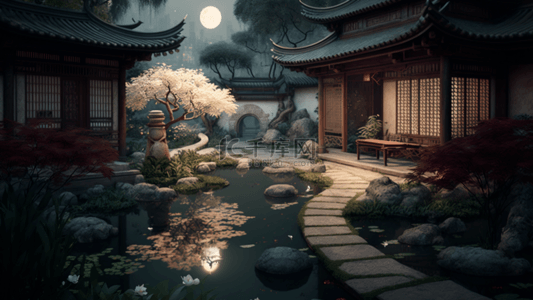 中国风庭院月光倒影背景