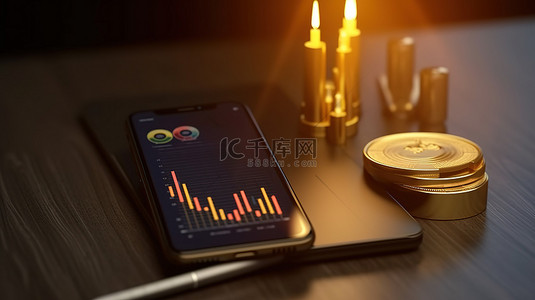 看手机手机背景图片_用于加密货币股市投资的交易烛台金币智能手机和笔记本电脑的 3D 渲染