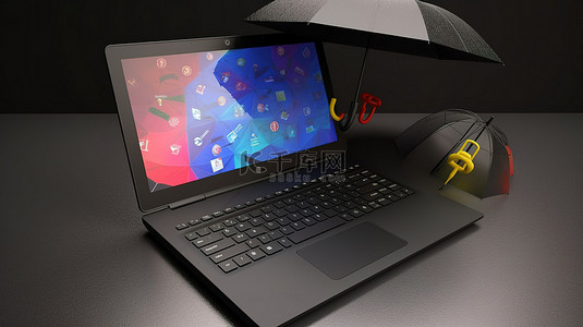 卡网络安全背景图片_3D 渲染中带有游戏符号的伞保护笔记本电脑