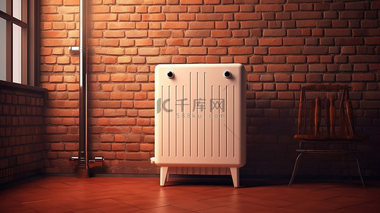 砖墙上移动对流加热器散热器的 3D 渲染
