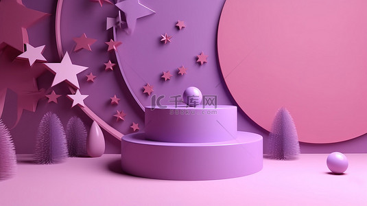 节日圆形背景图片_节日圣诞节插画 3D 紫色和粉色组合物，带有圆形讲台和闪闪发光的星星