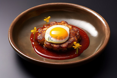 肉松汉堡背景图片_烤章鱼配蛋黄放在盘子里