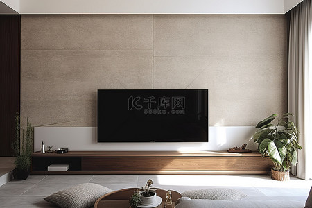 带木墙板的客厅中的电视支架