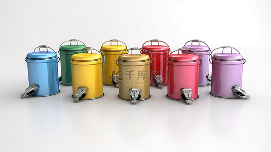 垃圾桶的垃圾背景图片_白色背景上带有踏板的彩色金属垃圾桶的 3D 渲染