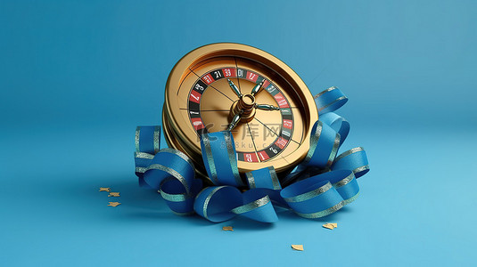 带有丝带横幅和赌场轮盘赌轮的蓝色背景的 3D 渲染