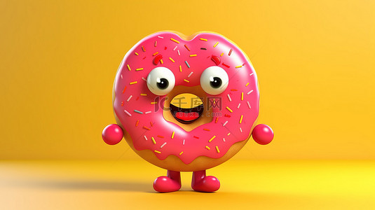 巧克力情人节背景图片_一个 3D 渲染的吉祥物，由一个大的粉红色釉面甜甜圈组成，上面有草莓，还有一个充满活力的黄色背景上的红心