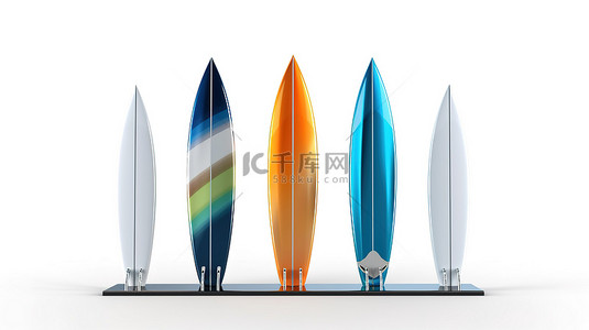带鳍的当代冲浪板以 3D 形式呈现在空白画布上