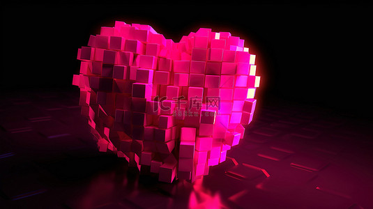 具有粉红色发光 3d 渲染的心形体素创作