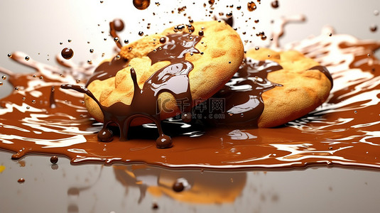 牛奶飞溅背景图片_巧克力淋在饼干上的 3D 插图