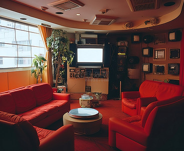 ok红色背景图片_房间里摆满了红色沙发，中间有一台电视