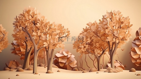 插画树下背景图片_大自然的秋季主题3D渲染卡通风格棕色干树插画