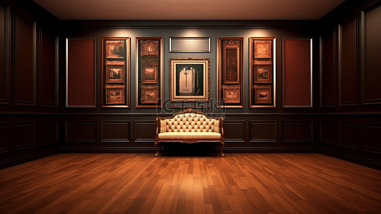 3d 渲染的客厅设计，配有宽敞的相框和木镶板