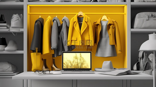 黄色衣服背景图片_单色黄色笔记本电脑屏幕的 3D 渲染，衣架上悬挂着一系列衣服