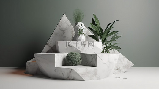 产品展示台与几何设计的石头和植物在 3D 渲染