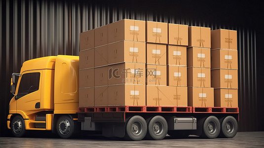 卡车将包装好的箱子装载到堆栈上的 3D 渲染