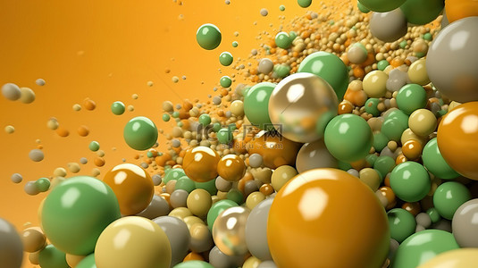 浅棕色背景上漂浮的黄色和绿色 3d 球体和锥体