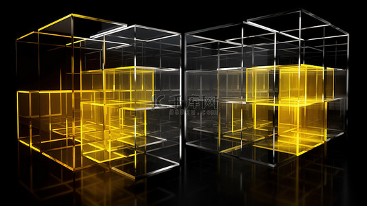 充满活力的黑色和黄色几何背景上的 3D 插图中的透明立方体集合