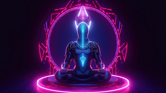 人物3d剪影背景图片_未来派 3D 描绘的莲花姿势的网络神，带有发光的霓虹灯光环