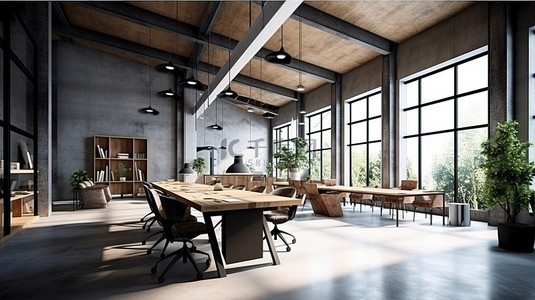 在自然光下对现代联合办公空间进行 3D 渲染，配有混凝土和木质室内家具和设备
