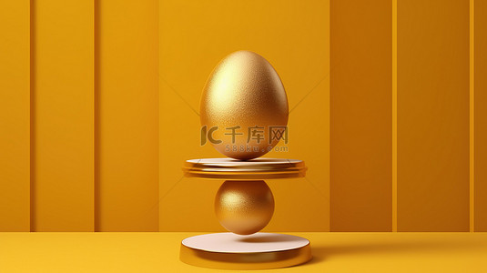 金色的复活节彩蛋栖息在基座上，抽象圆圈在背景 3D 渲染中摆动