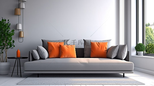 简约的客厅内部配有灰色沙发和 3D 渲染的充满活力的橙色枕头