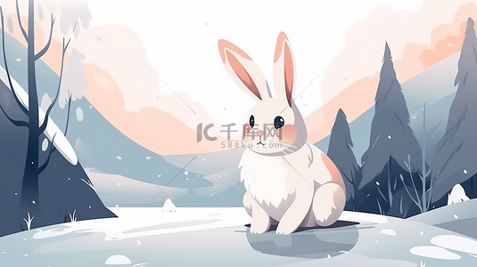 雪插画雪人背景图片_冬季雪地兔子插画背景