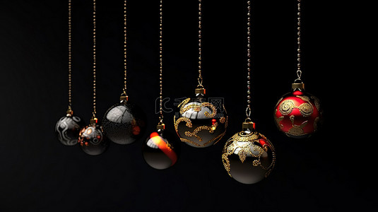 圣诞礼物背景背景图片_在纯黑色背景上悬挂圣诞玩具的节日 3D 渲染