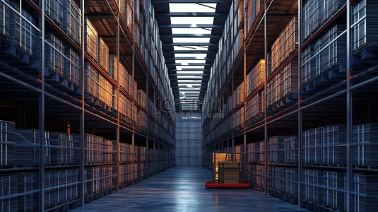 配备货架和箱子的配送仓库的理想背景 3D 渲染
