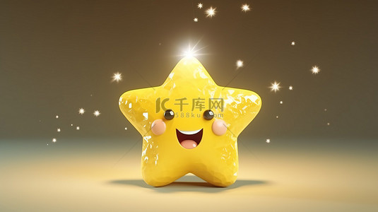 雄伟的黄星是胜利和幸运的象征，带有皇冠和水晶 3D 渲染