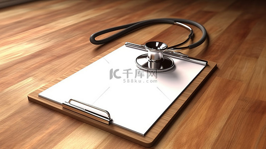 带听诊器和空白医疗剪贴板的 3D 渲染木桌