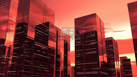 红色天空背景凸显现代高层建筑3D插图突出技术和商业的胜利