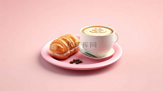 粉红色 3D 背景上的羊角面包和咖啡
