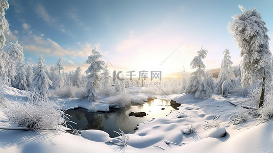 冬季仙境，白雪皑皑的宁静 3D 景观