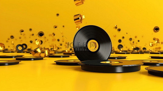 音乐黄色背景背景图片_闪亮的金色乙烯基唱片在充满活力的黄色背景 3D 渲染下从黑色跳板上跳下
