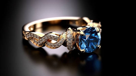 孤立背景上精美蓝色蓝宝石钻石戒指的 3D 渲染