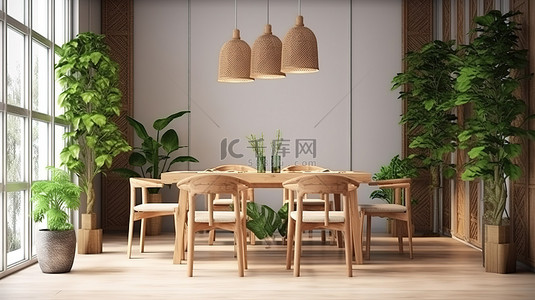 带木椅的热带风格用餐区的 3D 渲染图