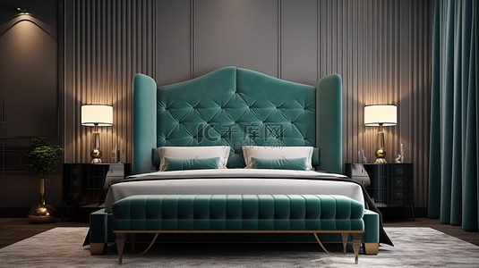 装饰艺术酒店房间的 3D 渲染，配有豪华双人床毛绒床头板和时尚的床头柜和灯具