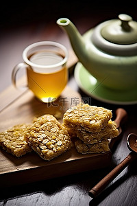 茶柠檬茶背景图片_木制餐具上的燕麦饼干和柠檬茶