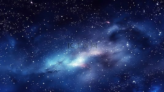 繁星点点的夜空和灿烂的蓝色星系水平背景横幅，带有银河系及更远距离的 3D 插图