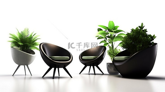 以 3D 渲染的当代椅子，在白色背景上与盆栽植物一起呈现