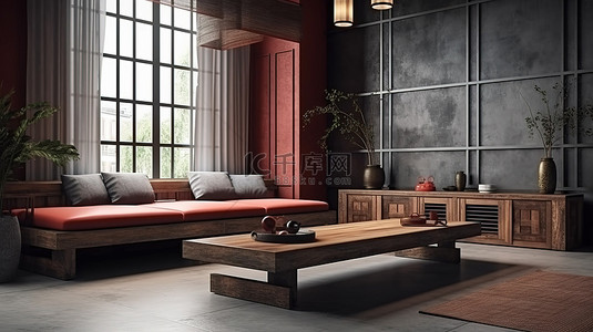 红色木桌背景图片_3D 渲染室内场景和模型，设有舒适的休息区，背景中配有灰色织物沙发床红色木桌和漂亮的宾金橱柜