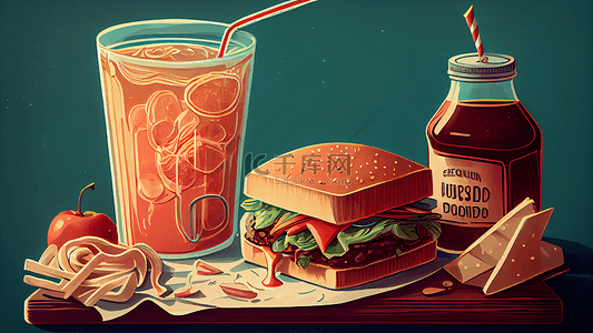汉堡包果汁可爱插画背景