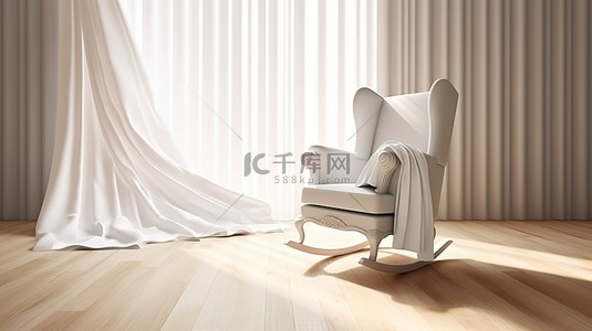 3D 渲染的木地板摇椅，配有白色内饰