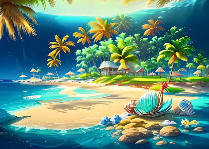 海滩椰树卡通背景图片_海滩海滨椰树插画