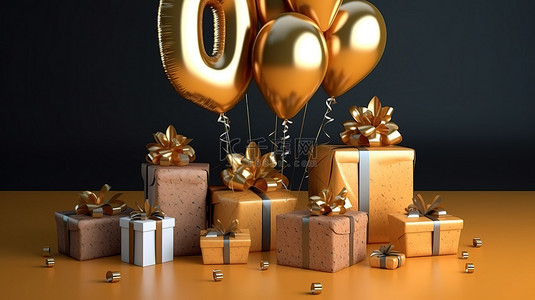 金禧庆典 3D 渲染礼物与氦气球一起庆祝 50 岁生日
