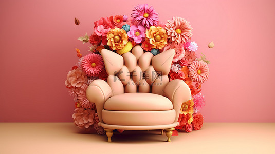 粉红色时尚背景背景图片_粉红色和棕色背景上充满活力的花卉装饰米色扶手椅，以 3D 渲染