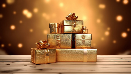 礼物盒礼盒背景图片_豪华的金色礼盒精美地放置在木桌上，非常适合以 3D 渲染风格庆祝