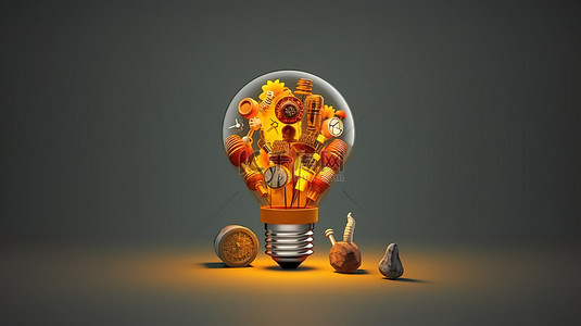 创新涂鸦图标与灯泡代表创意 3D 插图