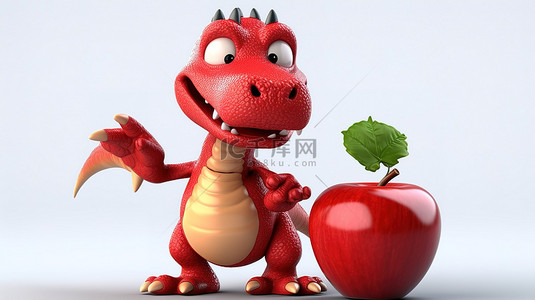 幽默的 3d 红色恐龙与苹果合影